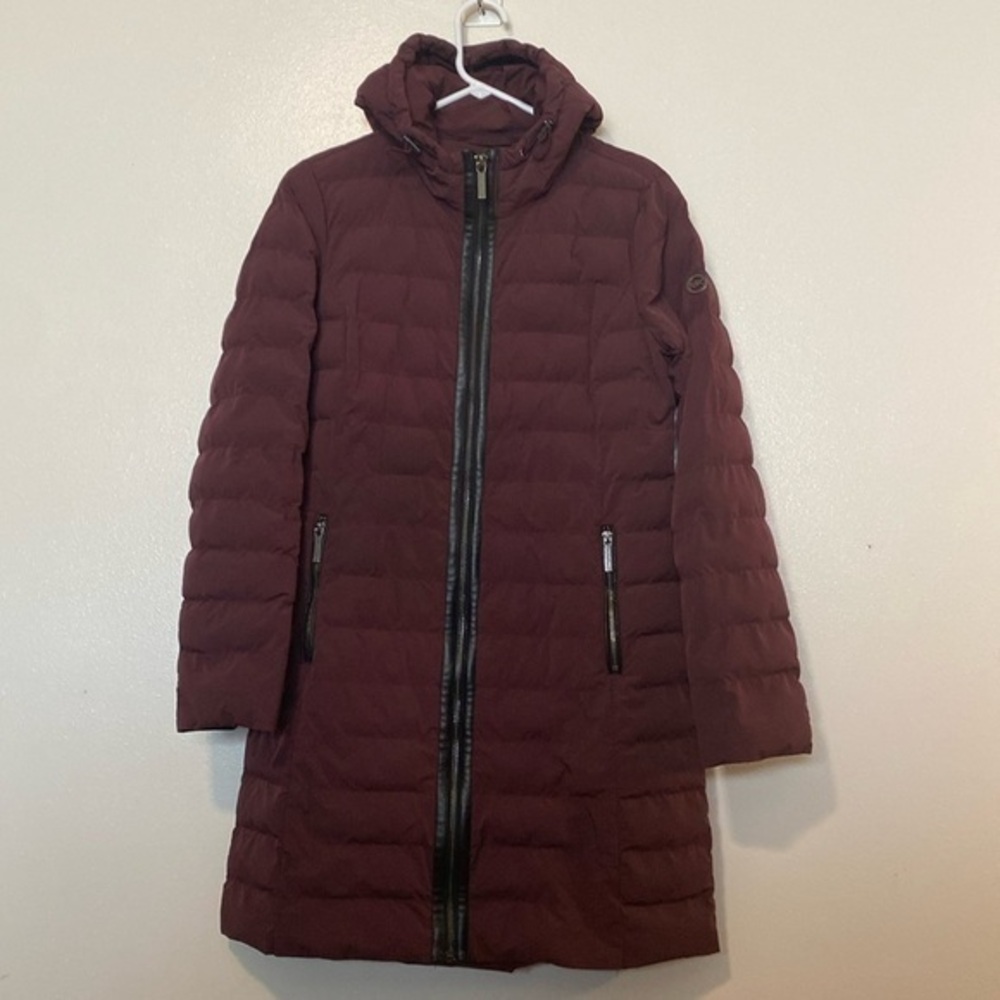 Michael Kors long burgundy packable premium down leather trimmed jacket coat S